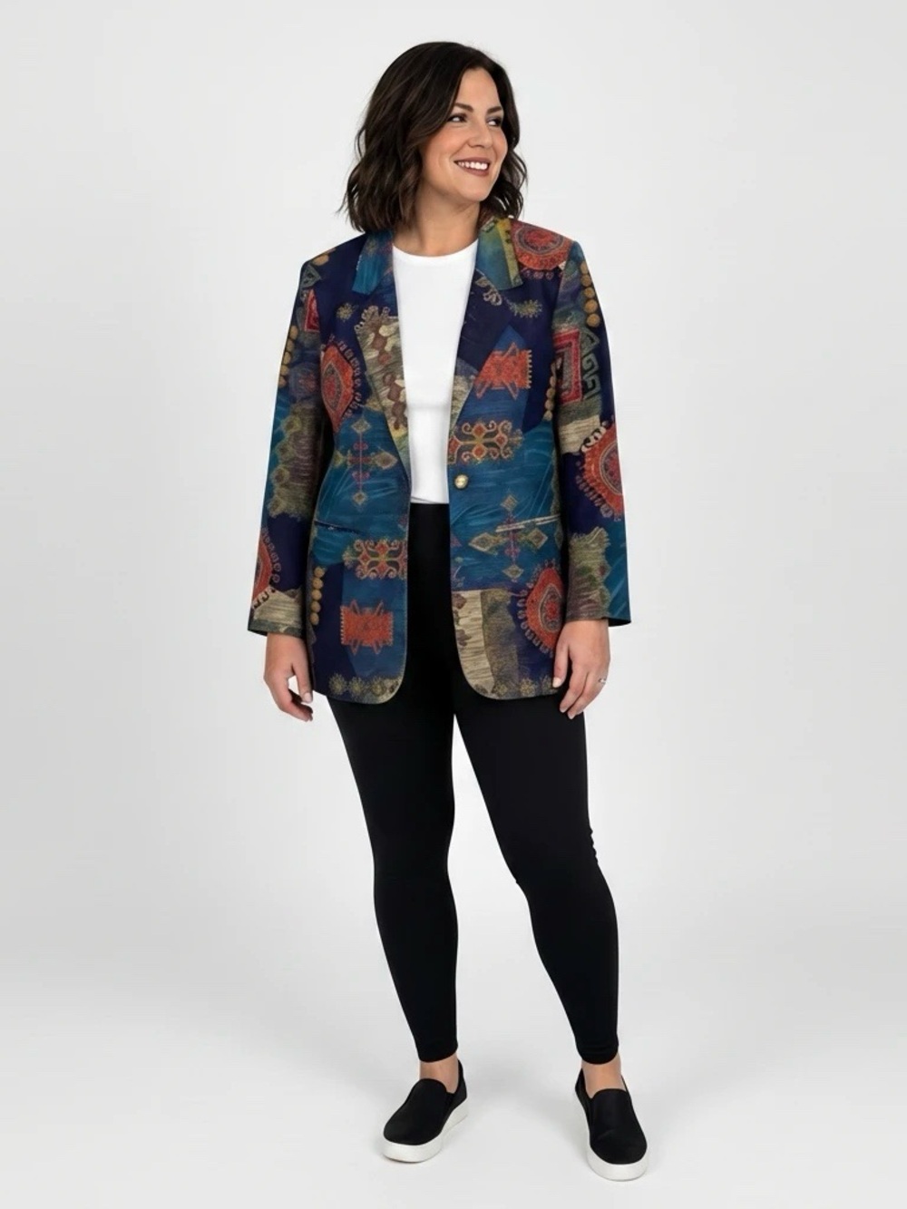 Vintage Studio C Navy Geometric Tribal Tapestry Blazer Women’s Large Rayon Boho